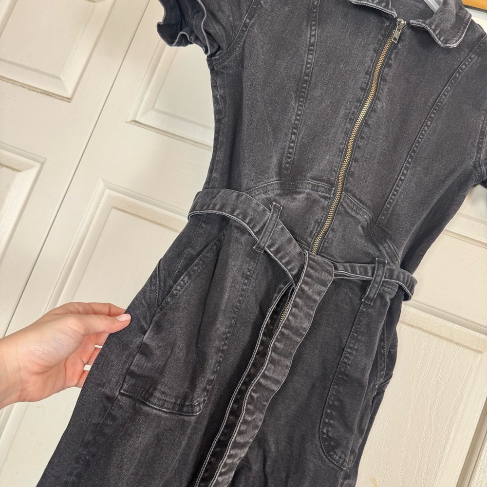 Suki So Black Denim Jumpsuit Zip Front Collar Belted Flare Leg Women's S - Picture 3 of 8
